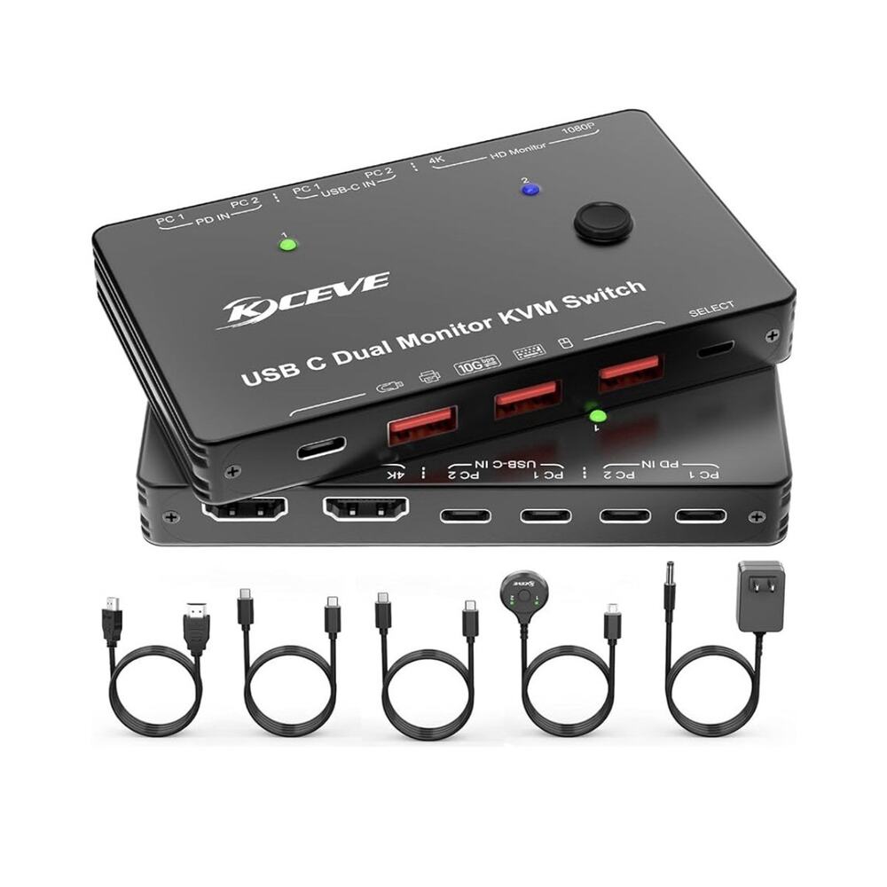 KCEVE KVM Switch Dual Monitor USB C HDMI DP - 2 Computers - 4K@60Hz - Black